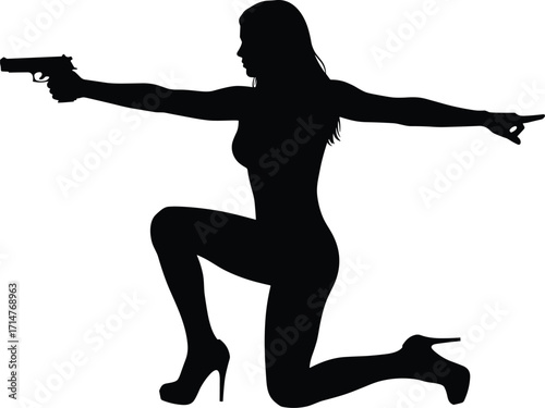 Silhouette of armed woman in action pose, dramatic kneeling stance, long hair, handgun, high heels, isolated on white, vector illustration, danger