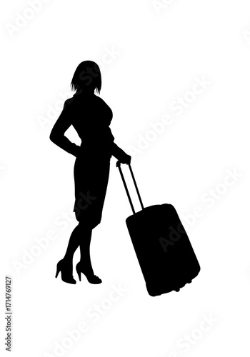 A strong, confident businesswoman silhouette is depicted pushing a suitcase.