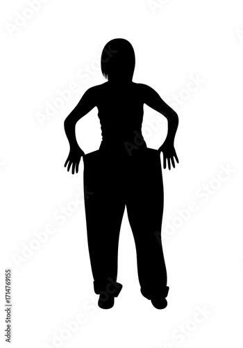 A bold, black silhouette of a woman with hands on her oversized pants, suggesting weight loss or a healthy lifestyle change.