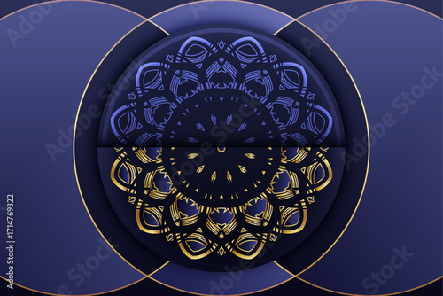 Decorative blue circular mandalas with golden ornate flower details spiritual background