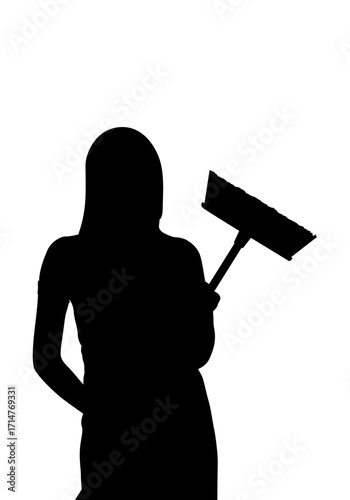 A silhouette of a woman holding a squeegee against a plain white background.