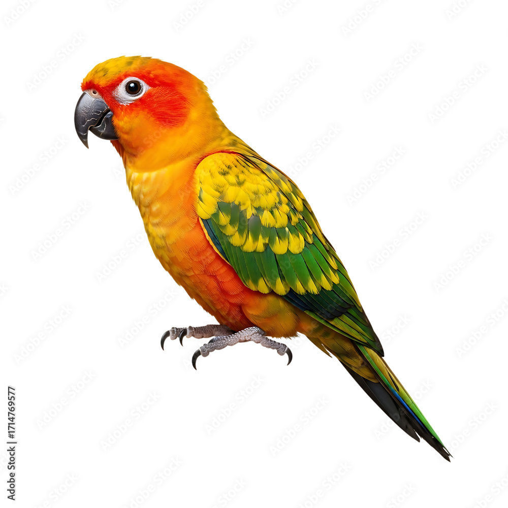 Fototapeta premium Vibrant sun conure parrot perched against a black background