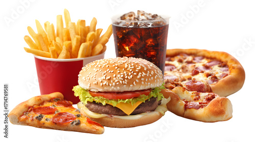 Delicious fast food meal with burger fries and pizza isolated on transparent background
