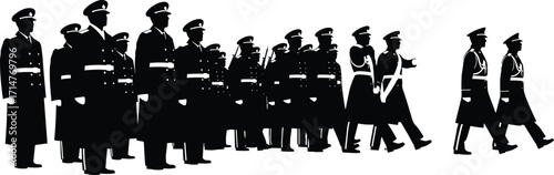 Silhouette of military parade formation, uniformed soldiers marching in sync, ceremonial discipline, teamwork, unity, vector illustration, isolated on white background