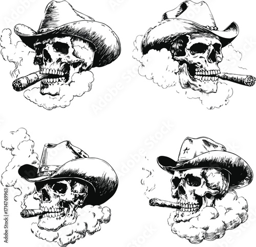 Four skull wearing a cowboy hat smoking a cigar with smoke silhouette