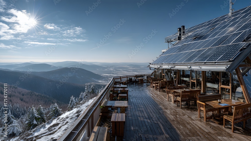 Obraz premium Solar Panel Building on Mountain Peak Overlooking Valley with Winter Forest and Blue Sky