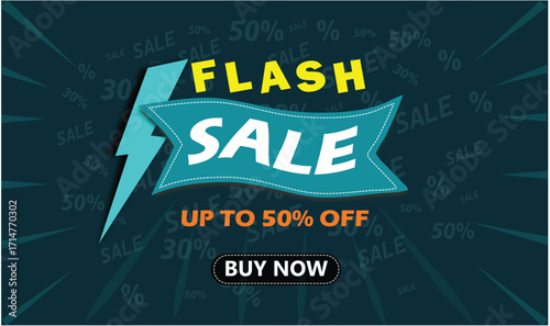 Flash Sale Vector – Teal Ribbon Design with Lightning Bolt and Up to 50% Off Promo
