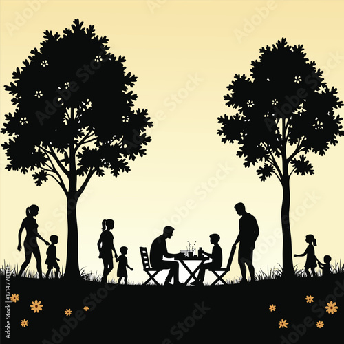 Family picnic in park with trees and flowers vector