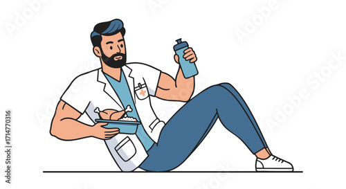A Bearded Man Enjoying a Healthy Meal with Water Bottle After Workout