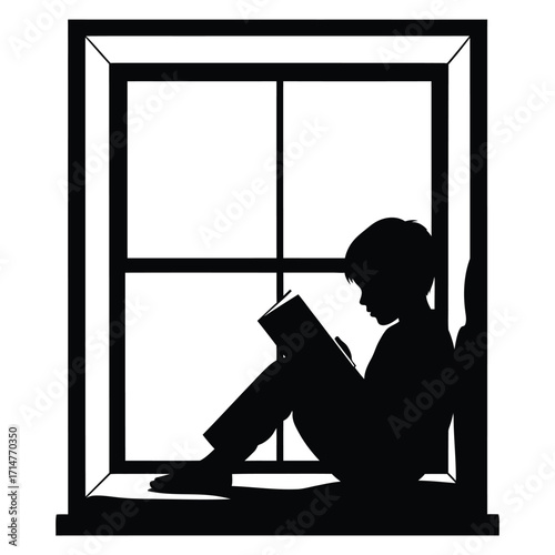 Black silhouette of a boy reading a book sitting on a windowsill vector child