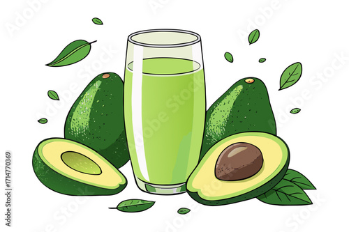 Avocado Smoothie with Fresh Fruit and Leaves – Vector Illustration