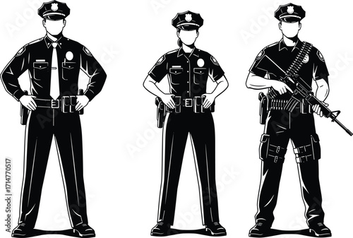 Silhouette of three police officers in standard and tactical gear, law enforcement roles and equipment, vector illustration, isolated on white background