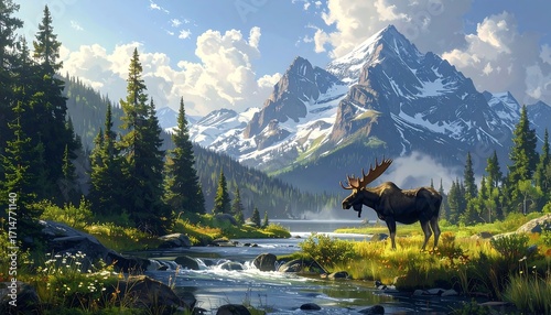 Fototapeta Naklejka Na Ścianę i Meble -  A serene mountain landscape showcases a majestic moose by a tranquil river, bathed in the warm light of a beautiful summer day.