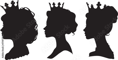 Three royal women in profile silhouette with crowns