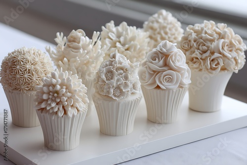 Elegant cupcakes, each decorated with intricate frosting and set on a simple white table, creating a beautiful, inviting display