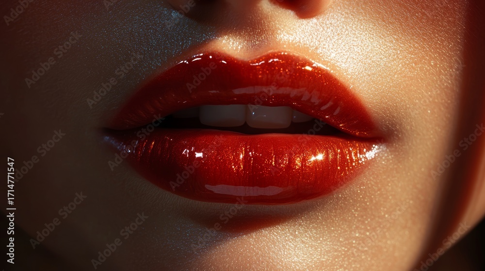 Fototapeta premium Ultra-high-resolution image of a model's lips, naturally shiny, extremely close-up, softly reflecting light, with every tiny wrinkle visible 