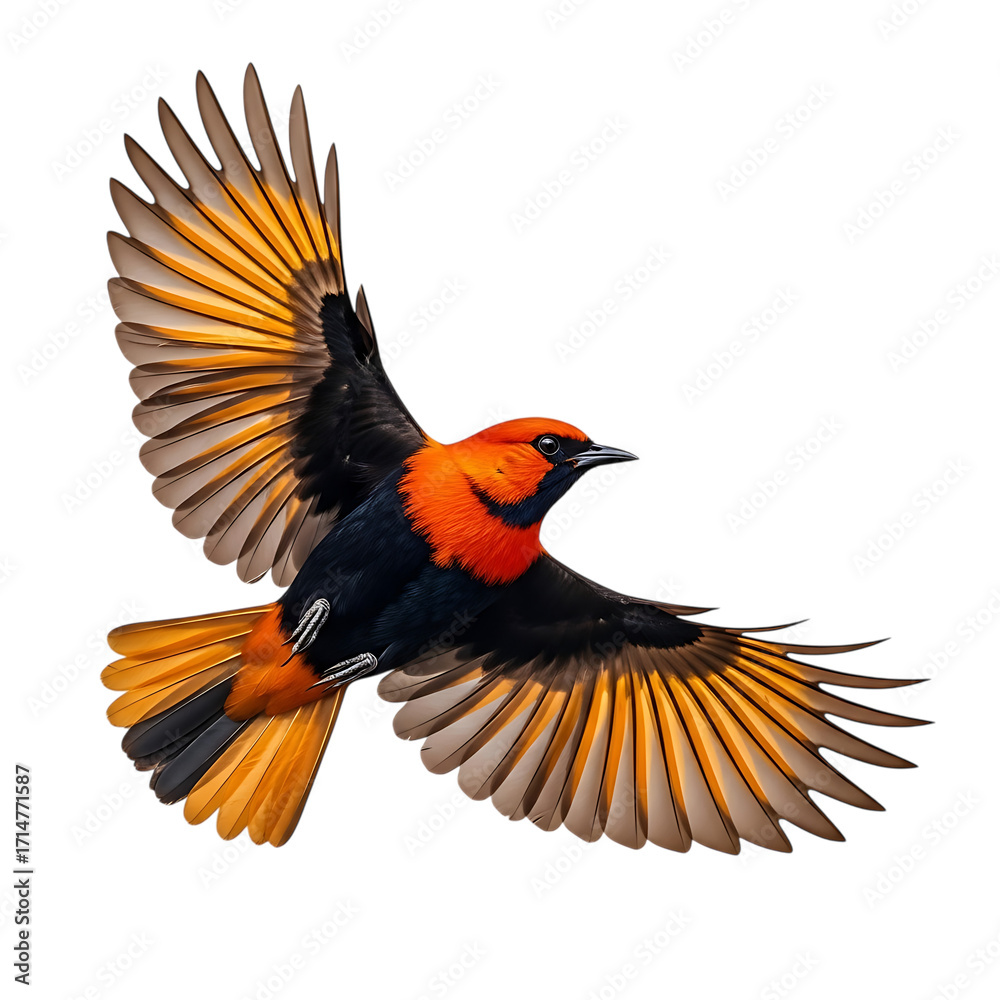 Fototapeta premium Vibrant orange and black bird in flight against a dark background