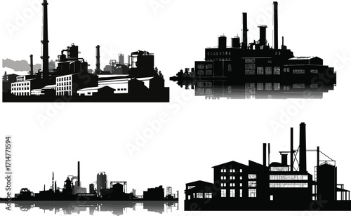 Industrial factory complex silhouette with smokestacks and reflection silhouette