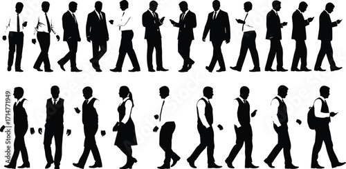 Silhouettes of Business Professionals Walking and Using Mobile Devices Representing Workplace Mobility, Communication, Technology, and Modern Corporate Behavior