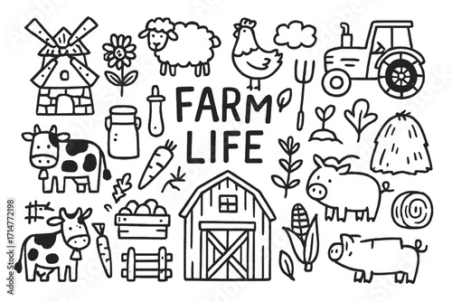 Farm Life Doodles. Farm life doodle set: hand drawn icons for agriculture, animals, and rural living, isolated transparent
