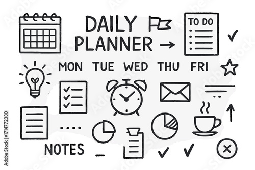 Productivity Planner Doodles. Daily planner doodle set: hand drawn icons for organizing your week and boosting productivity,