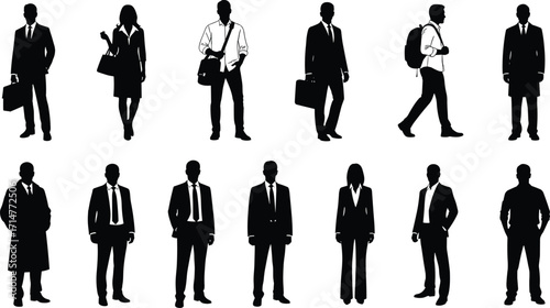 Silhouettes of Business Professionals with Briefcases, Backpacks, and Handbags Representing Career Diversity, Mobility, and Workplace Identity in Vector Style
