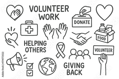 Volunteer Icons Collection. Volunteer work doodle set: hand drawn icons for helping others, giving back, and nonprofit service,