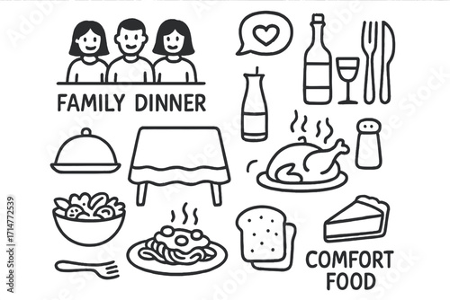 Family Dinner Sketches. Family dinner doodle set: hand drawn icons for shared meals, table setup, and comfort food, isolated