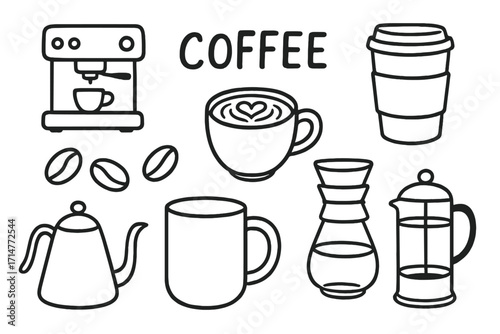 Coffee Doodle Icons. Coffee lover doodle set: hand drawn icons for espresso, latte art, beans, mugs, and brewing, isolated