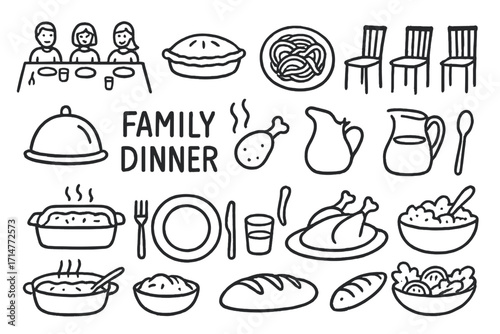 Family Dinner Sketches. Family dinner doodle set: hand drawn icons for shared meals, table setup, and comfort food, isolated