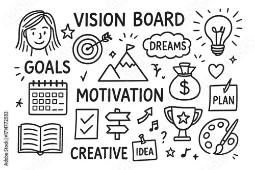 Vision Board Icons. Vision board doodle set: hand drawn icons for goals, dreams, motivation, and creative planning, isolated