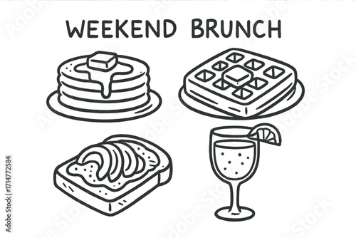 Brunch Doodle Icons. Weekend brunch doodle set: hand drawn icons for pancakes, waffles, avocado toast, and mimosa, isolated