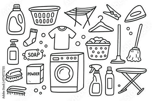 Laundry Icon Doodle. Laundry day doodle set: hand drawn icons for household cleaning and clothing care tools, isolated transparent