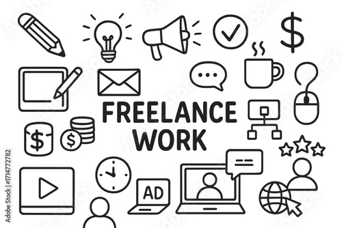Freelance Doodle Icons. Freelance work doodle set: hand drawn icons for creative digital tasks and online gigs, isolated