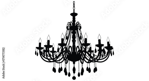 Elegant black chandelier with multiple arms and decorative crystal pendants