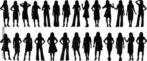 Silhouettes of Diverse Women in Fashionable Poses Highlighting Style, Body Language, Character Design, Elegance, Attire Variety, and Visual Identity
