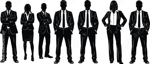 Silhouettes of Diverse Business Professionals in Formal Attire Standing Confidently, Representing Corporate Teamwork, Leadership, Inclusion, and Workplace Representation