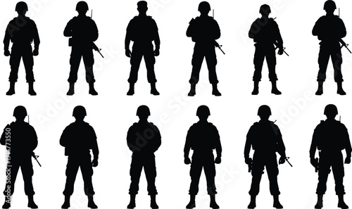 Soldier silhouettes in military gear, twelve armed figures with rifles and helmets, standing in formation, vector illustration for defense, discipline, and combat themes
