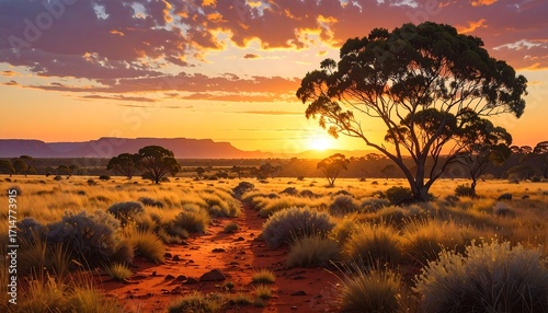 A breathtaking sunset paints the vast, golden savanna, casting a warm glow over the dry, red earth and tall trees.