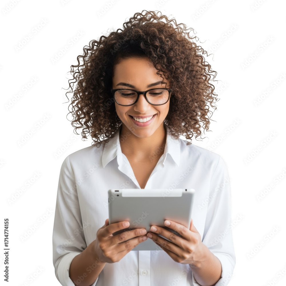 custom made wallpaper toronto digitalA smiling young woman with curly hair and glasses holds a tablet computer looking down at the screen with engagement and interest isolated on transparent background