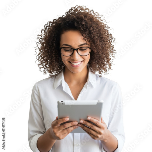 Wallpaper Mural A smiling young woman with curly hair and glasses holds a tablet computer looking down at the screen with engagement and interest isolated on transparent background Torontodigital.ca