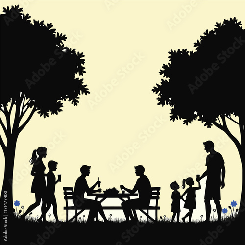 Family picnic silhouettes under trees with blue flowers