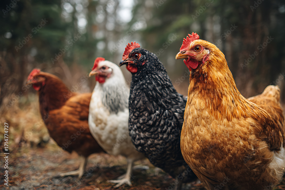 Fototapeta premium Diverse Backyard Hens: Golden, Black, White, and Brown Chickens Lined Up in Natural Setting