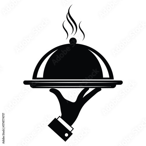 Black silhouette of a hand in a suit sleeve serving a covered dish with steam food cloche vector