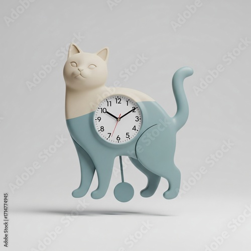 Playful cat-shaped wall clock with a pendulum, featuring a cream and muted blue design, floating on a white background
