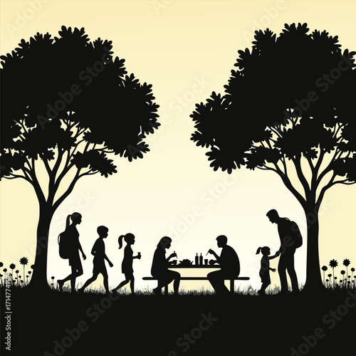 Family picnic under trees with children walking and sitting