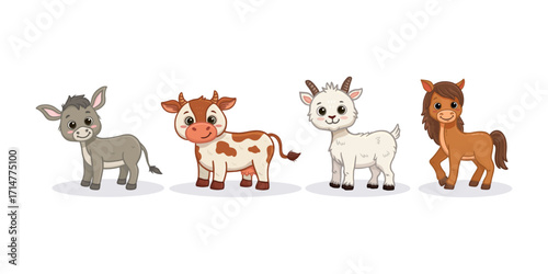 Set of cartoon cute animals. Funny donkey, goat, horse and cow. Funny animals for magazines, postcards, cards. Vector illustration
