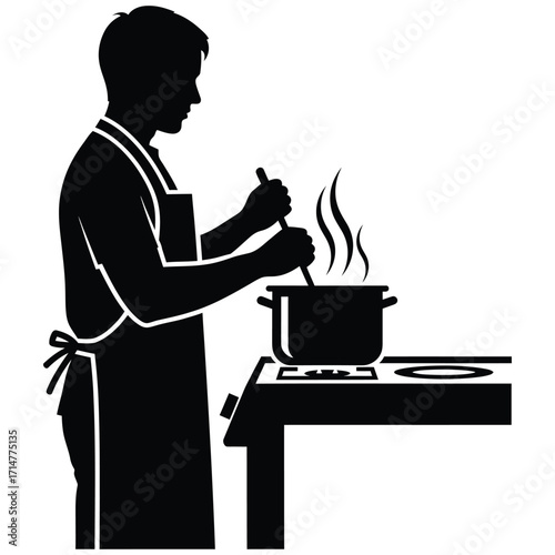 Black silhouette of a man wearing an apron cooking on a stove with steam vector