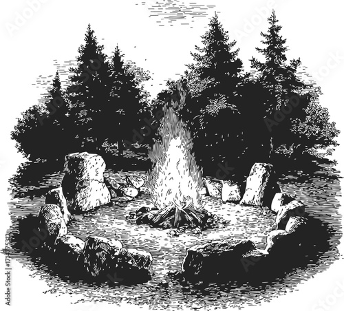 Campfire sketch hand drawn in forest clearing with stone circle and pine trees — stock vector