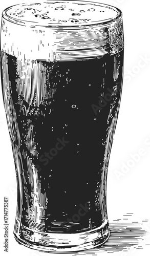 Dark beer pint sketch, hand drawn style, detailed foam and glass texture — stock vector